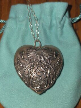 Tiffany & Co. Large Silver Ziegfeld Floral Heart Locket w/Tiffany & Co. Chain